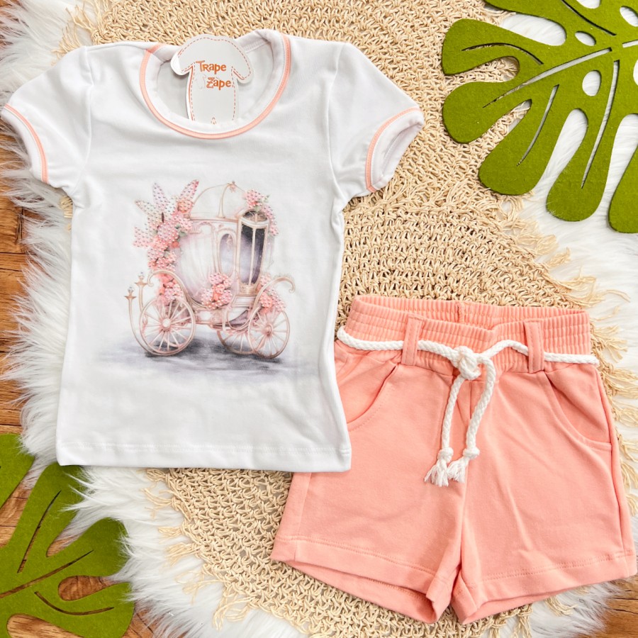 Conj. Blusa Carruagem e Short em Moletinho - Salmão e Branco